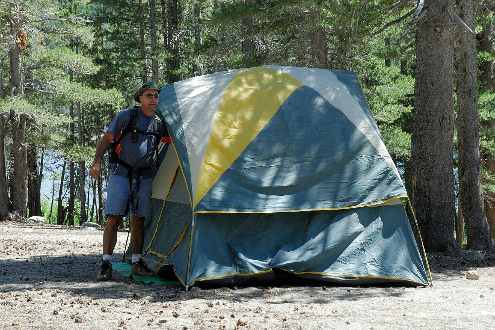 Steve anchoring Judys tent at Lake Mary at Mammoth 8-2-06