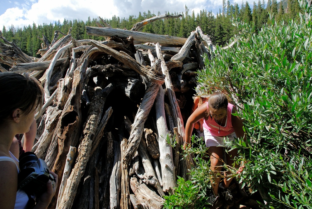 Danielle exiting teepee shelter at Lake MacLeod at Mammoth 8-2-06