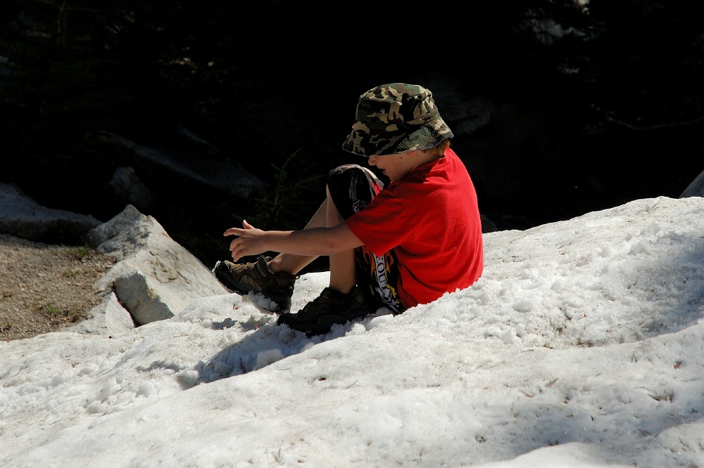 Chase playing in snow at Lake MacLeod at Mammoth-1 8-2-06