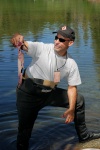 Steve with fish guts at in Lake Mary at Mammoth 8-1-06